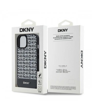 DKNY Leather Printed Pattern Metal Logo MagSafe Case for iPhone 15/14/13 - Black