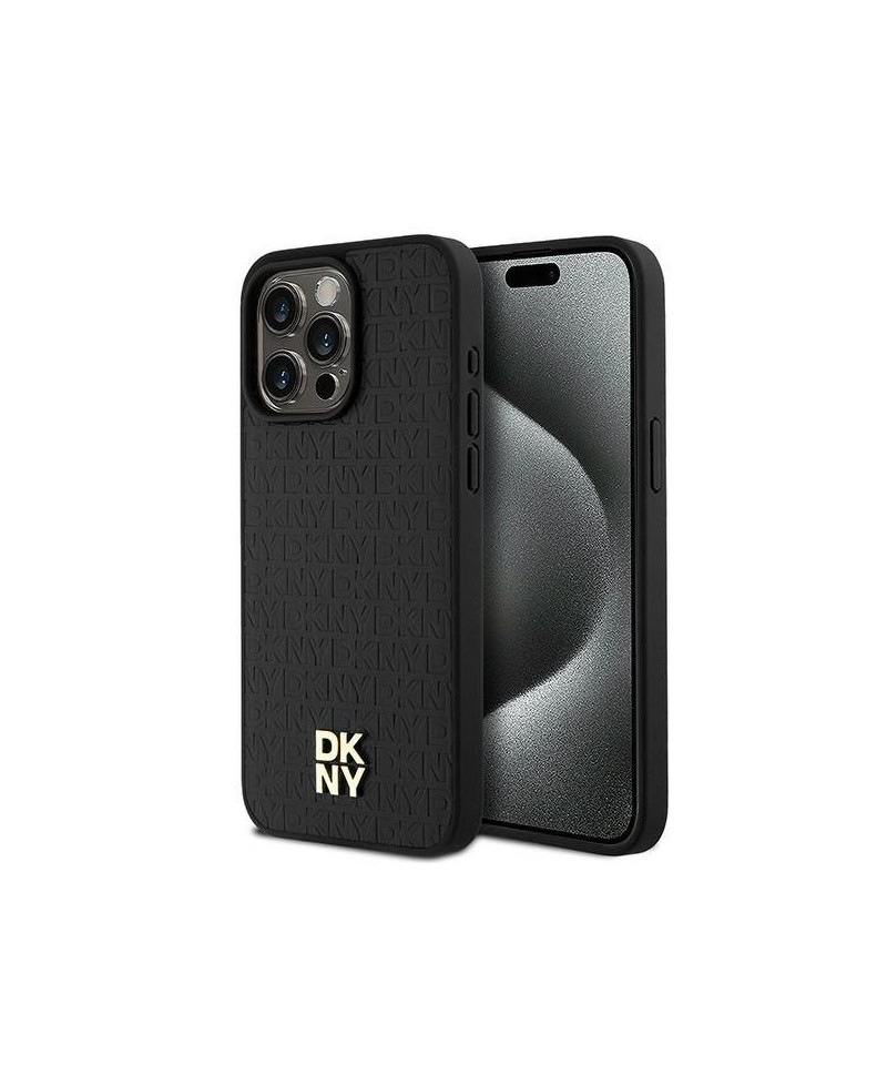 DKNY Leather Monogram Pattern Metal Logo MagSafe Case for iPhone 15 Pro Max - Black