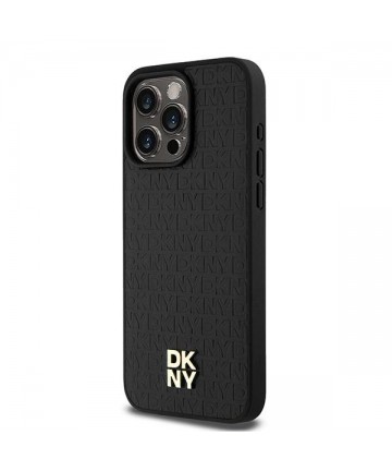 DKNY Leather Monogram Pattern Metal Logo MagSafe Case for iPhone 15 Pro Max - Black