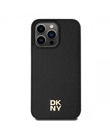 DKNY Leather Monogram Pattern Metal Logo MagSafe Case for iPhone 15 Pro Max - Black