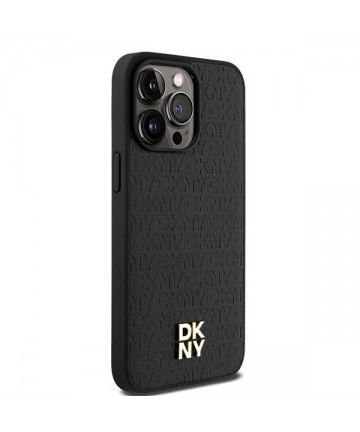DKNY Leather Monogram Pattern Metal Logo MagSafe Case for iPhone 15 Pro Max - Black