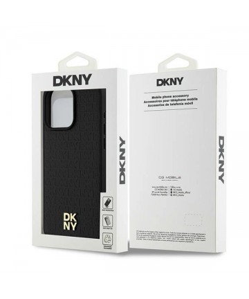 DKNY Leather Monogram Pattern Metal Logo MagSafe Case for iPhone 15 Pro Max - Black