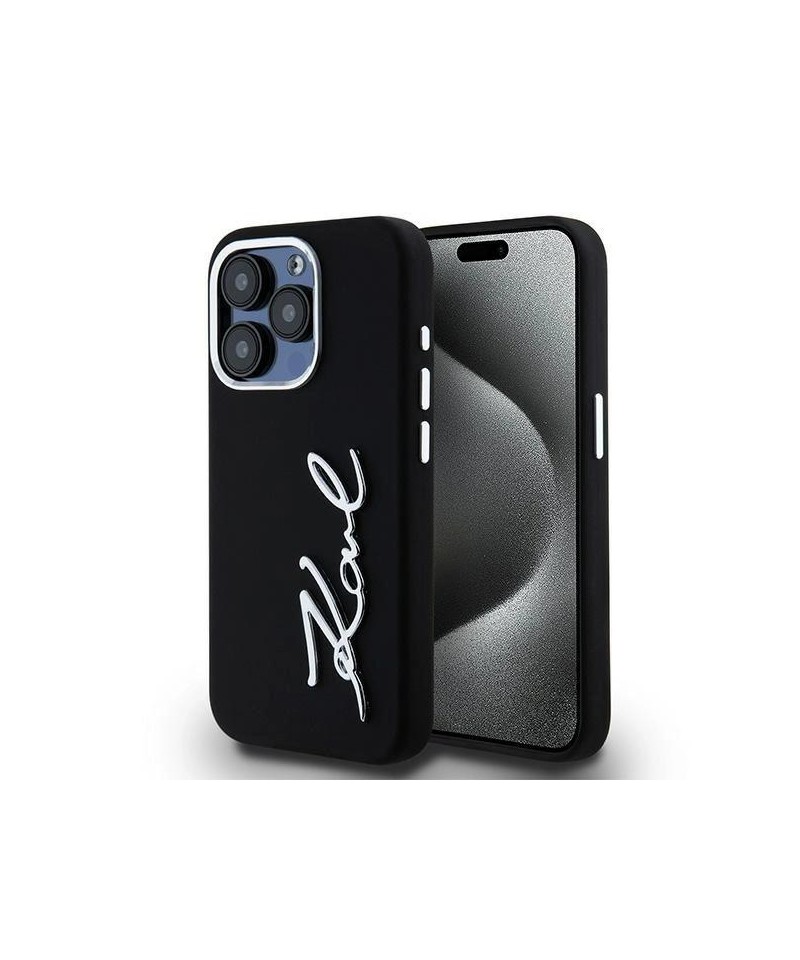 Karl Lagerfeld Silicone Metal Script Logo case for iPhone 15 Pro - black