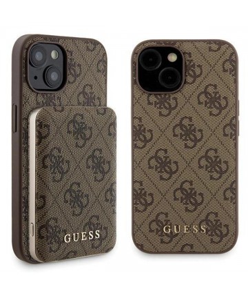 Guess 4G Metal Logo case set for iPhone 15 + 5000mAh MagSafe power bank - brown