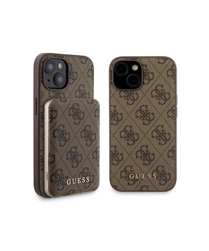 Guess 4G Metal Logo case set for iPhone 15 + 5000mAh MagSafe power bank - brown