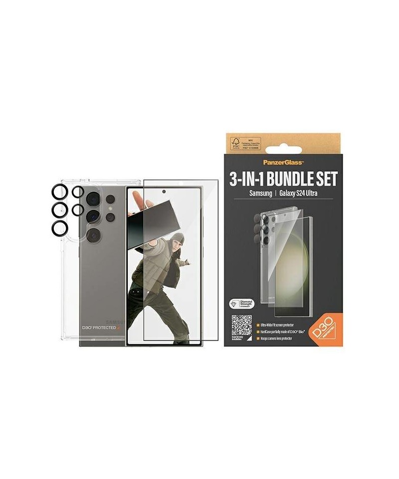 PanzerGlass Bundle 3in1 Transparent Case + Film + Camera Protector for Samsung Galaxy S24 Ultra