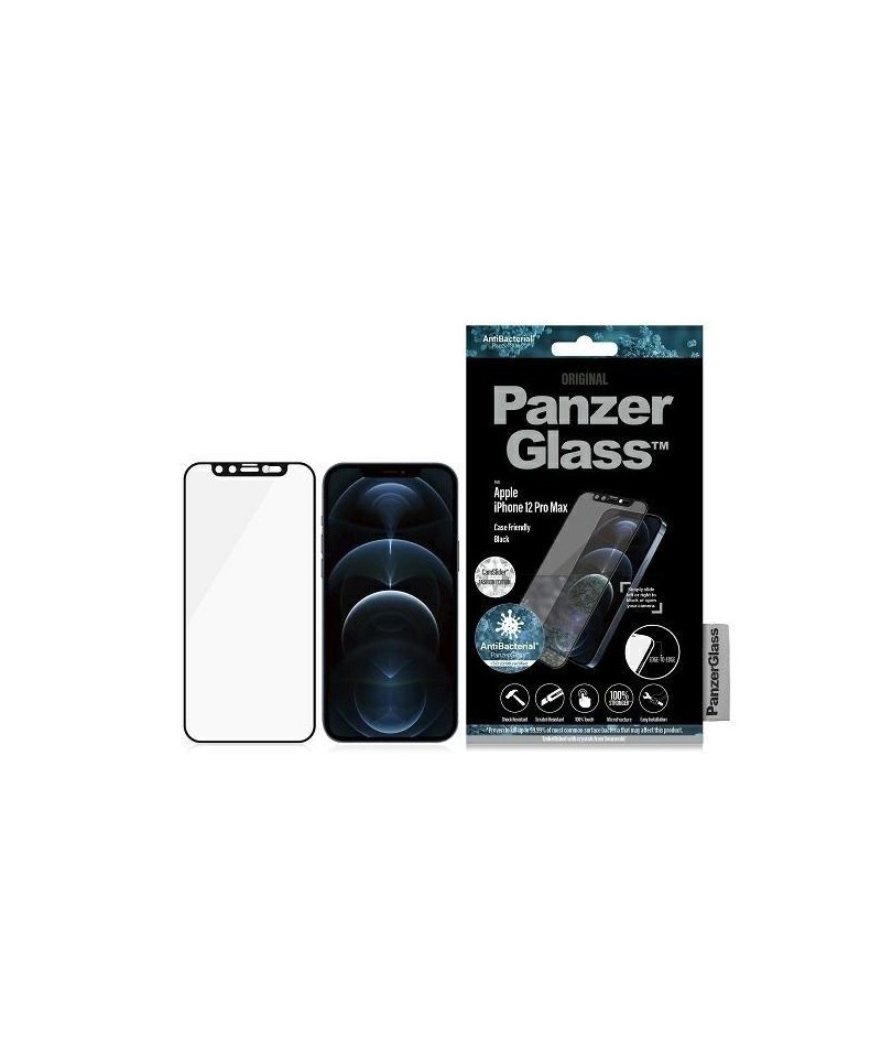 PanzerGlass E2E Microfracture Antibacterial Glass with Camera Cover with Swarovsky Crystal for iPhone 12 Pro Max - with Black Fr