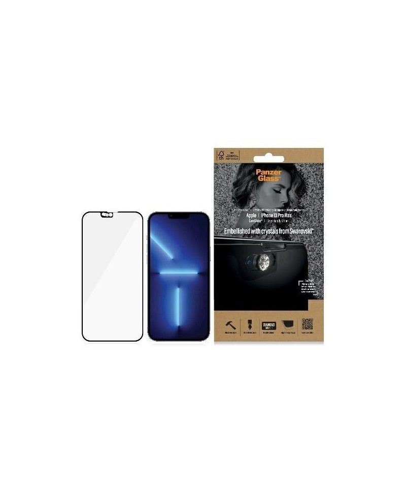 PanzerGlass E2E Microfracture Antibacterial Glass with Camera Cover with Swarovsky Crystal for iPhone 13 Pro Max - with Black Fr