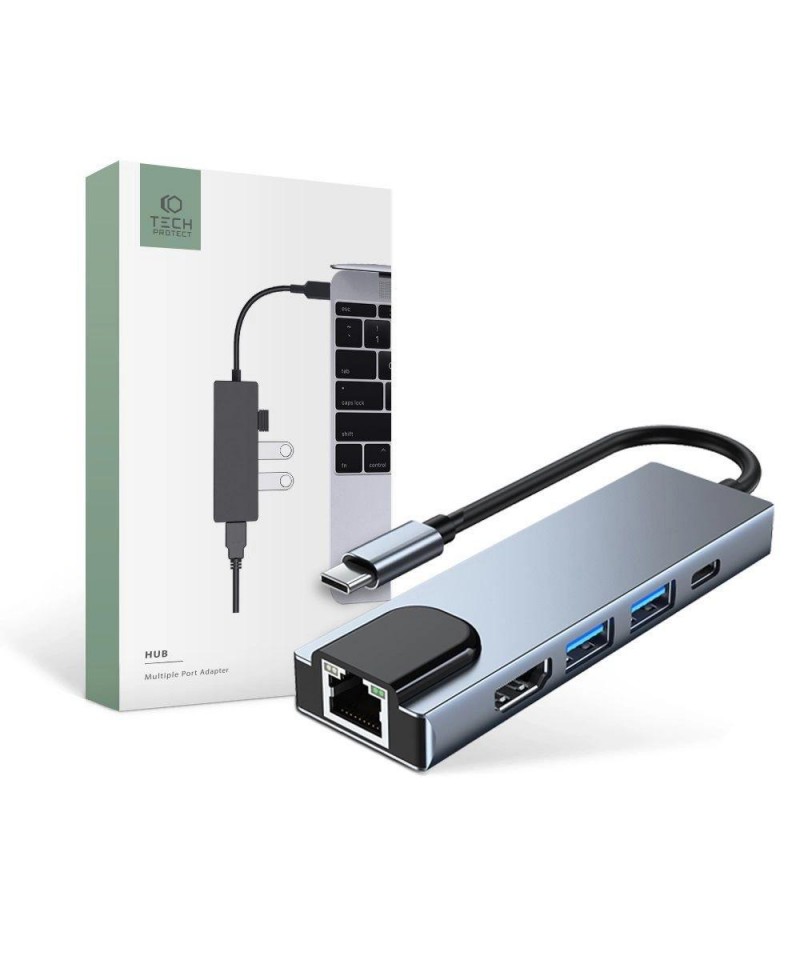 HUB Tech-Protect V3 5in1 USB-C - USB-A 3.0 / USB-A 2.0 / USB-C / HDMI / RJ45 - gray