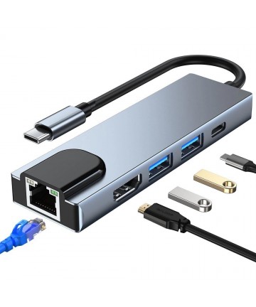 HUB Tech-Protect V3 5in1 USB-C - USB-A 3.0 / USB-A 2.0 / USB-C / HDMI / RJ45 - gray