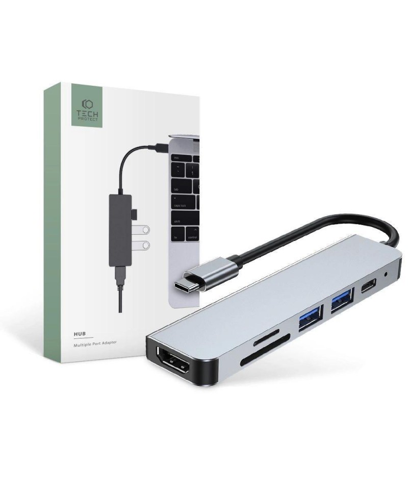 HUB Tech-Protect V4 6in1 USB-C - USB-A 3.0 / USB-A 2.0 / USB-C / HDMI / micro SD / TF / SD card reader - gray