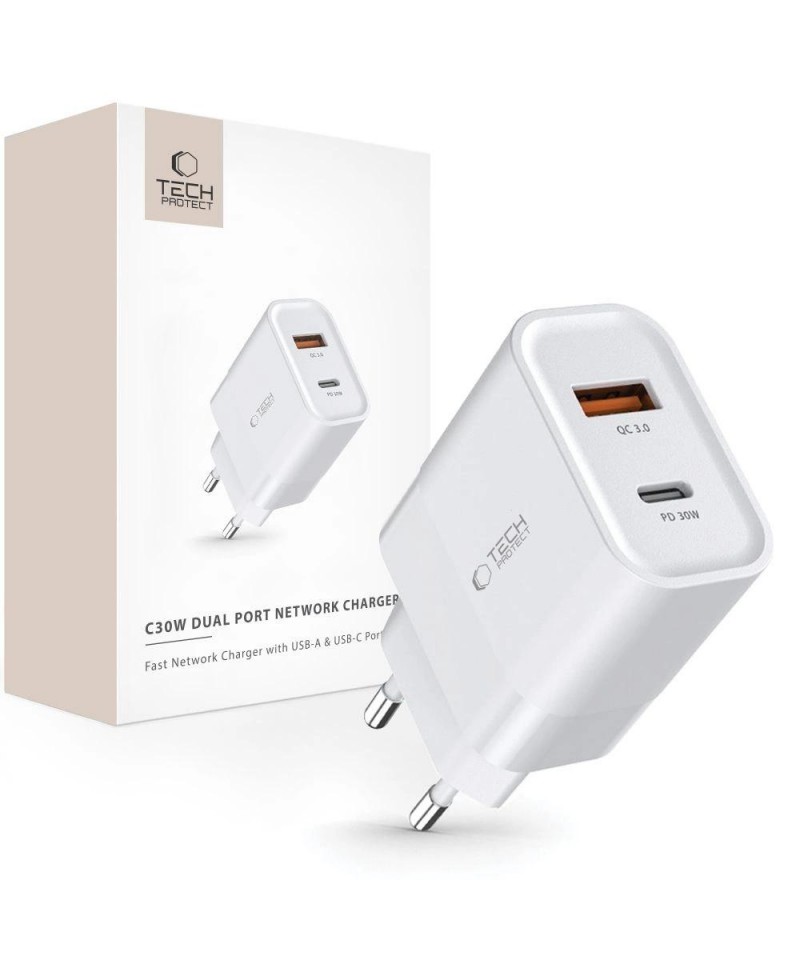 Tech-Protect C30W charger USB-C PD 30W / USB-A QC 3.0 - white