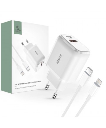 Tech-Protect C20W USB-C PD 20W / USB-A QC 3.0 Charger with USB-C / Lightning Cable - White