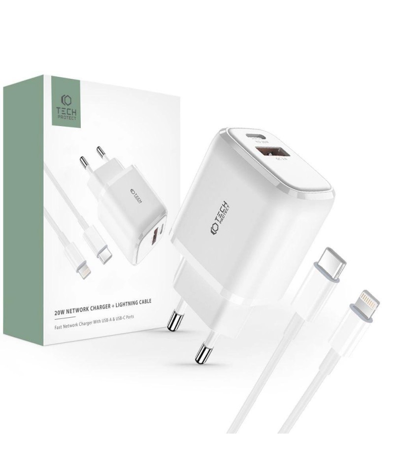 Tech-Protect C20W USB-C PD 20W / USB-A QC 3.0 Charger with USB-C / Lightning Cable - White