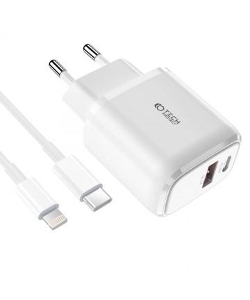 Tech-Protect C20W USB-C PD 20W / USB-A QC 3.0 Charger with USB-C / Lightning Cable - White