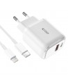 Tech-Protect C20W USB-C PD 20W / USB-A QC 3.0 Charger with USB-C / Lightning Cable - White