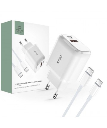 Tech-Protect C20W USB-C PD 20W / USB-A QC 3.0 charger with USB-C / USB-C cable - white