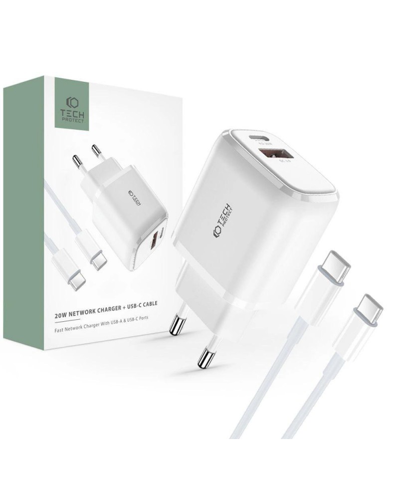 Tech-Protect C20W USB-C PD 20W / USB-A QC 3.0 charger with USB-C / USB-C cable - white