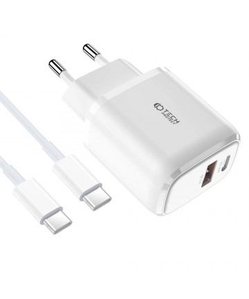 Tech-Protect C20W USB-C PD 20W / USB-A QC 3.0 charger with USB-C / USB-C cable - white