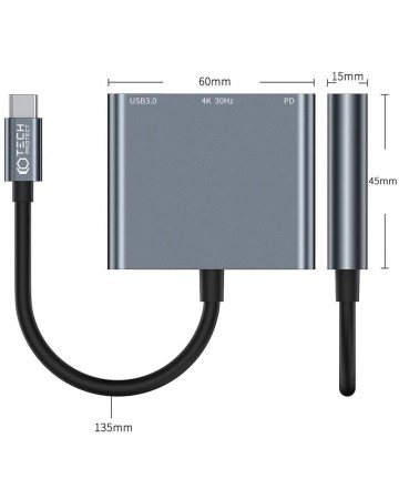 HUB Tech-Protect V1 3in1 USB-C - USB-A 3.0 / USB-C PD 100W / HDMI 4K 30Hz - gray