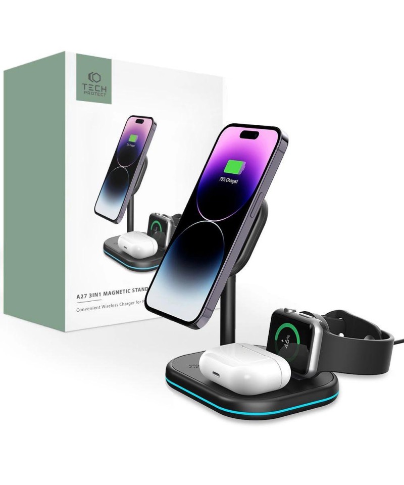 Tech-Protect QI15W-A27 3-in-1 Inductive Charger with MagSafe Stand for Smartphone / Apple Watch / AirPods - Black