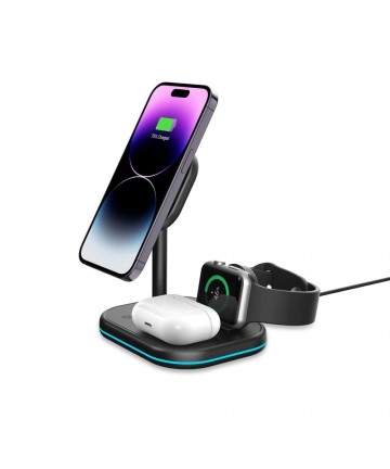 Tech-Protect QI15W-A27 3-in-1 Inductive Charger with MagSafe Stand for Smartphone / Apple Watch / AirPods - Black