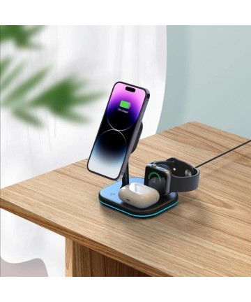 Tech-Protect QI15W-A27 3-in-1 Inductive Charger with MagSafe Stand for Smartphone / Apple Watch / AirPods - Black