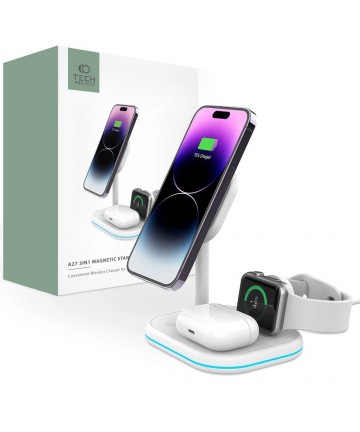 Tech-Protect QI15W-A27 3-in-1 inductive charger with MagSafe stand for smartphone / Apple Watch / AirPods - white