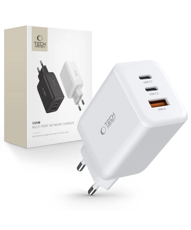 Tech-Protect C65W charger 2x USB-C PD 65W / USB-A QC 3.0 - white