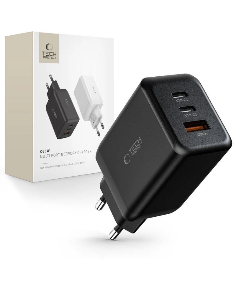 Tech-Protect C65W charger 2x USB-C PD 65W / USB-A QC 3.0 - black