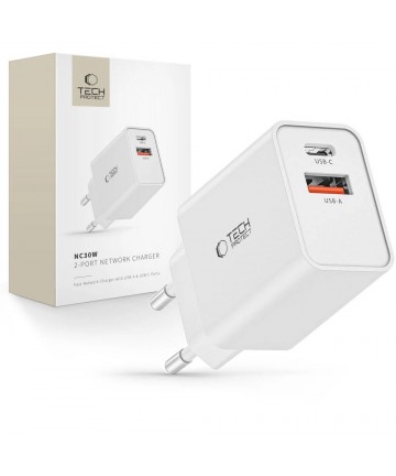 Tech-Protect NC30W USB-C PD 30W / USB-A QC 3.0 charger - white