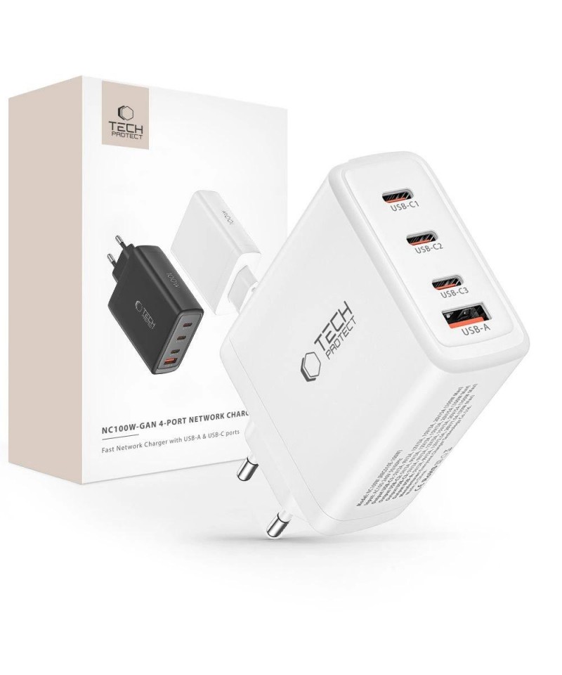Tech-Protect NC100W-GAN charger GaN 3x USB-C PD 100W / USB-A QC 3.0 - white