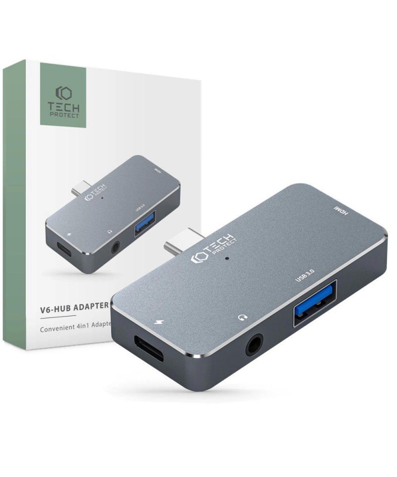 HUB Tech-Protect V6 4in1 USB-C - USB-A 3.0 / USB-C PD100W / HDMI / mini jack 3.5mm - gray