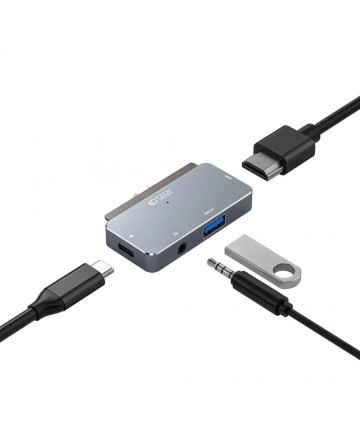 HUB Tech-Protect V6 4in1 USB-C - USB-A 3.0 / USB-C PD100W / HDMI / mini jack 3.5mm - gray