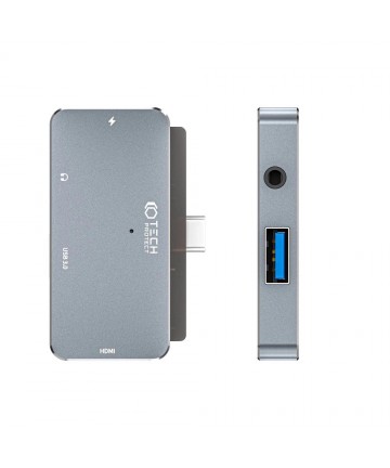 HUB Tech-Protect V6 4in1 USB-C - USB-A 3.0 / USB-C PD100W / HDMI / mini jack 3.5mm - gray
