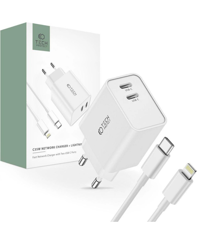 Tech-Protect C35W 2x USB-C PD 35W Wall Charger with USB-C / Lightning Cable - White
