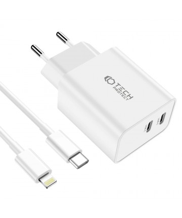 Tech-Protect C35W 2x USB-C PD 35W Wall Charger with USB-C / Lightning Cable - White