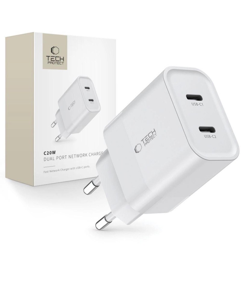 Tech-Protect C20W charger 2x USB-C PD 20W - white