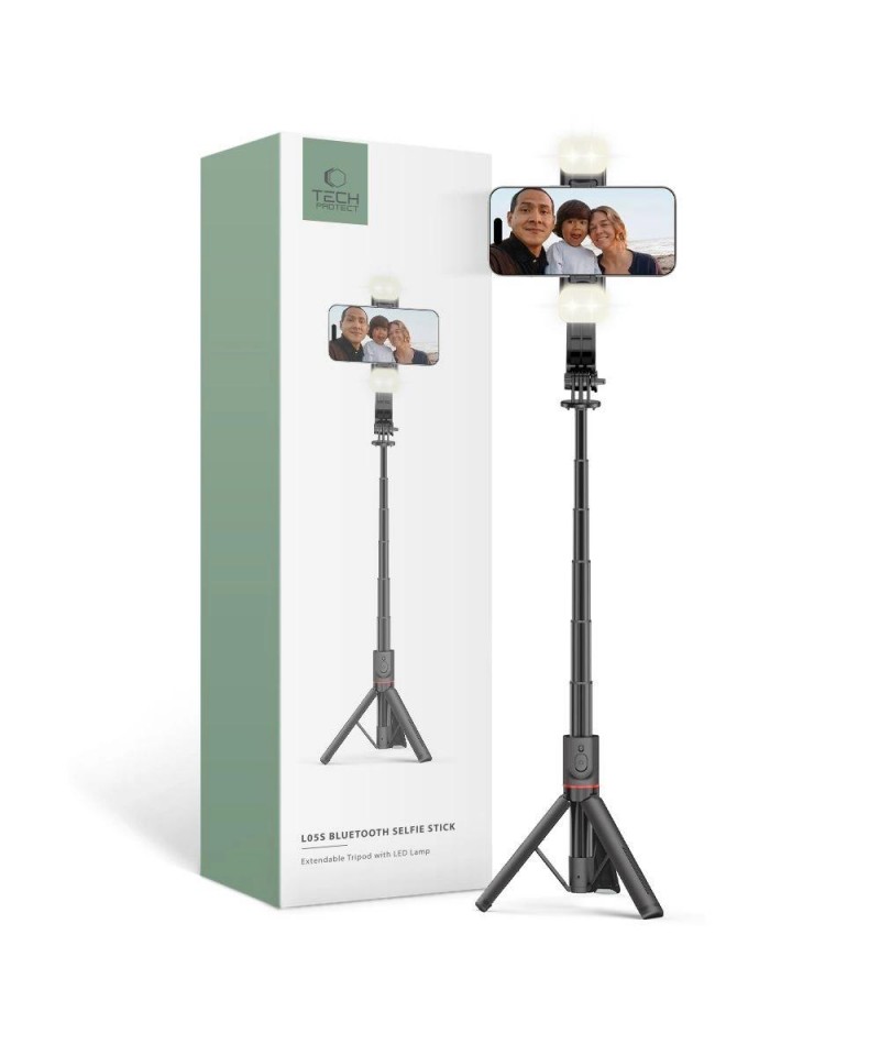 Tech-Protect L05S Bluetooth Selfie Stick with Tripod up to 105cm with LED Light - Black