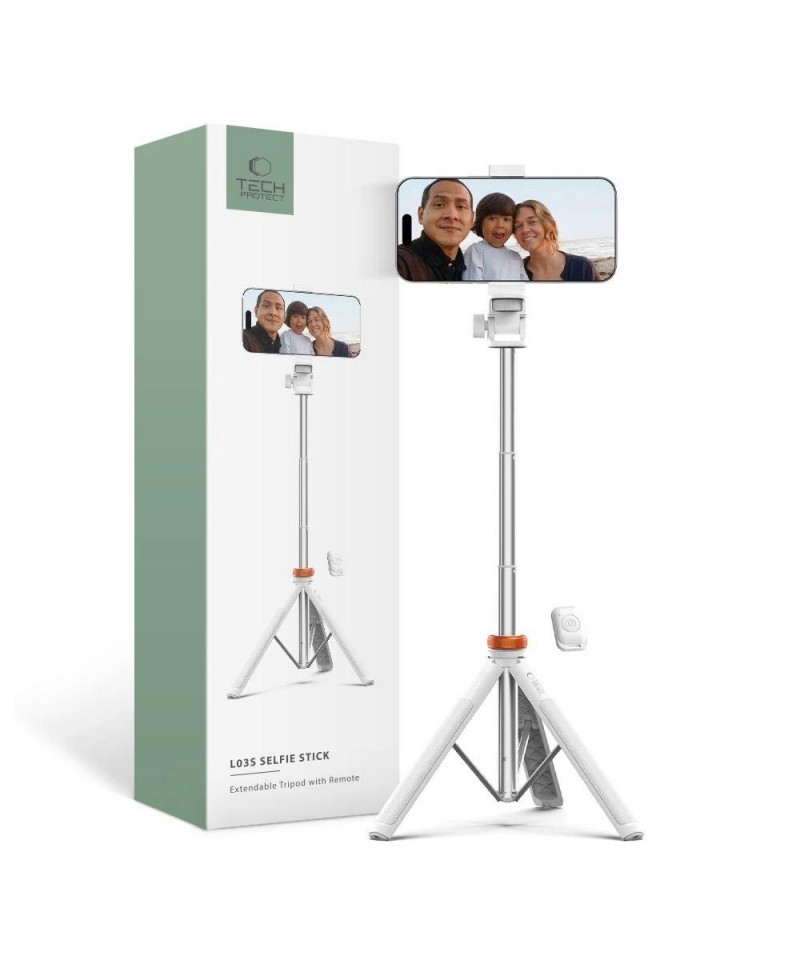 Tech-Protect L03S Bluetooth selfie stick with remote control, tripod up to 148cm and 180 head - white