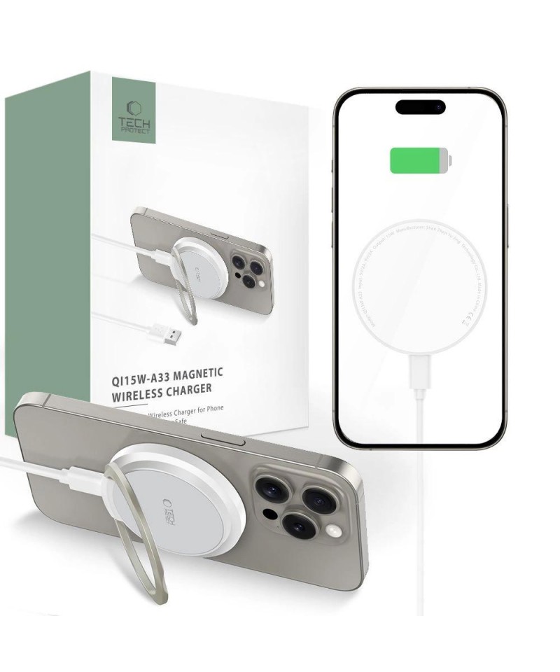 Tech-Protect QI15W-A33 Inductive Charger with MagSafe and Stand with USB-A / USB-C Cable - White
