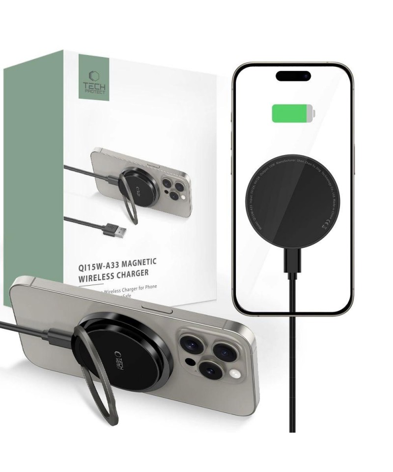 Tech-Protect QI15W-A33 Inductive Charger with MagSafe and Stand with USB-A / USB-C Cable - Black