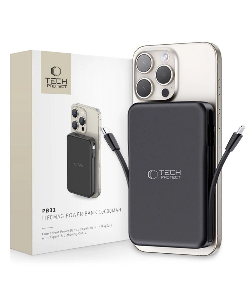 Tech-Protect LifeMag PB31 Power Bank with MagSafe 10000mAh 15W USB-C / USB-A / Built-in USB-C / Lightning Cables - Black