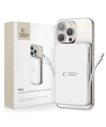 Tech-Protect LifeMag PB31 Power Bank with MagSafe 10000mAh 15W USB-C / USB-A / Built-in USB-C / Lightning Cables - White