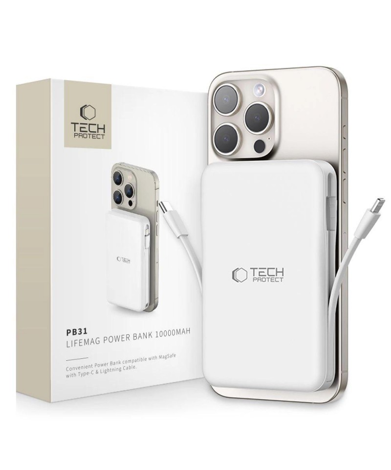 Tech-Protect LifeMag PB31 Power Bank with MagSafe 10000mAh 15W USB-C / USB-A / Built-in USB-C / Lightning Cables - White