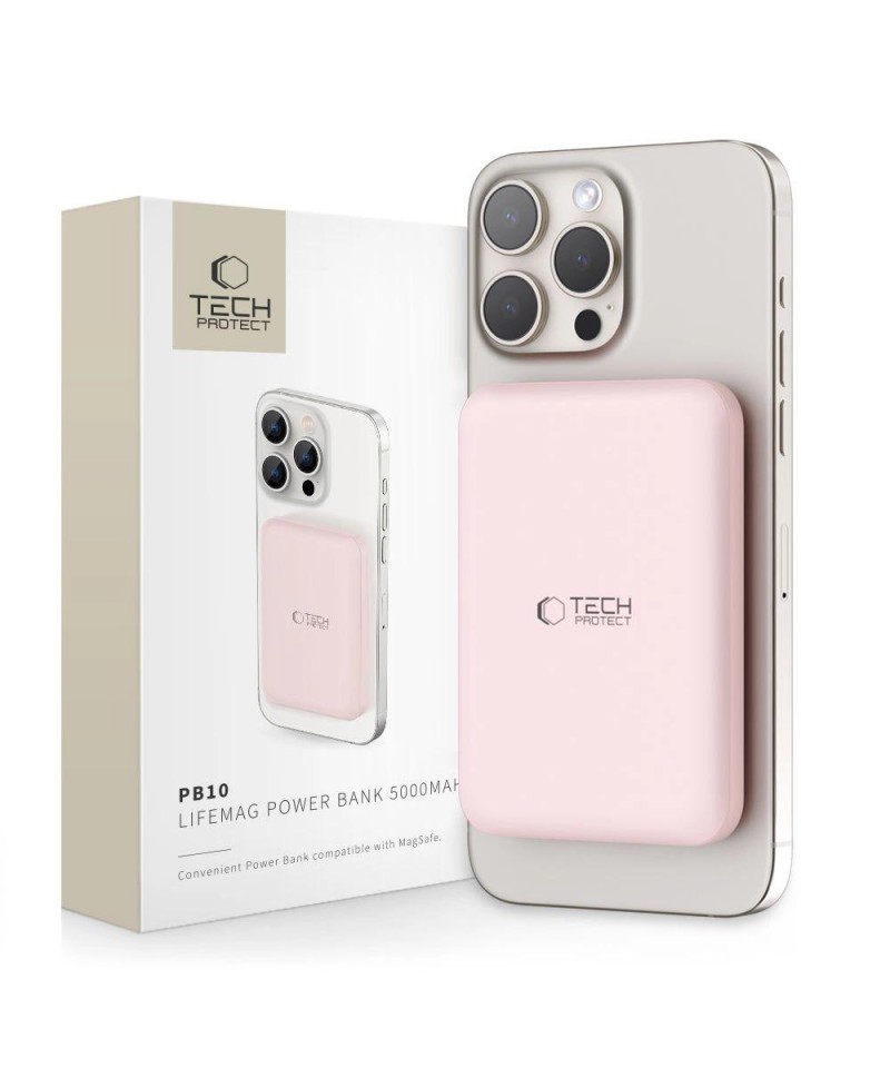 Tech-Protect LifeMag PB10 Powerbank with MagSafe 5000mAh 15W USB-C port - pink + USB-C cable