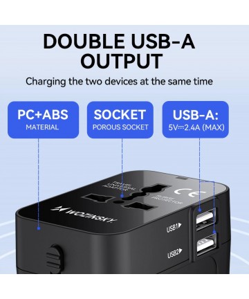 Wozinsky WUTWC Travel Adapter Universal 24W EU / US / AUS / UK / 2x USB-A - Black