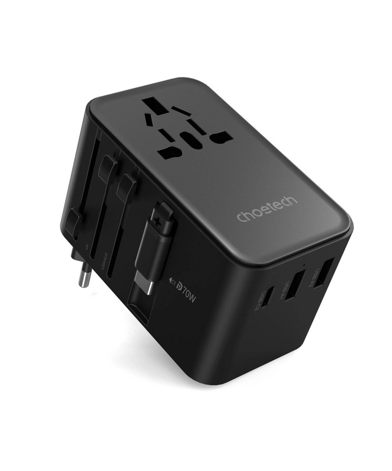 Choetech PD5022 70W EU/US/AUS/UK Travel Adapter with Built-in USB-C Cable - Black