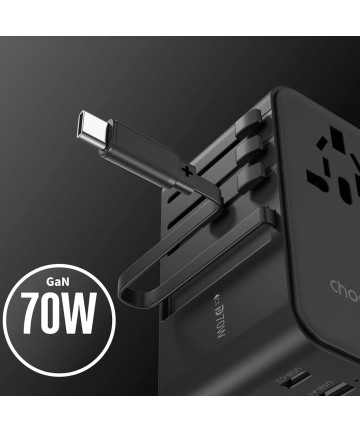 Choetech PD5022 70W EU/US/AUS/UK Travel Adapter with Built-in USB-C Cable - Black
