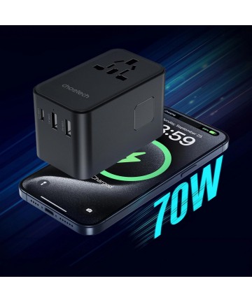 Choetech PD5022 70W EU/US/AUS/UK Travel Adapter with Built-in USB-C Cable - Black